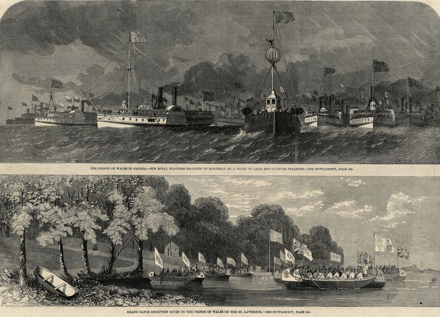 Royal Canada visit. Steamer escort Montreal. Canoes St Lawrence. Quebec 1860